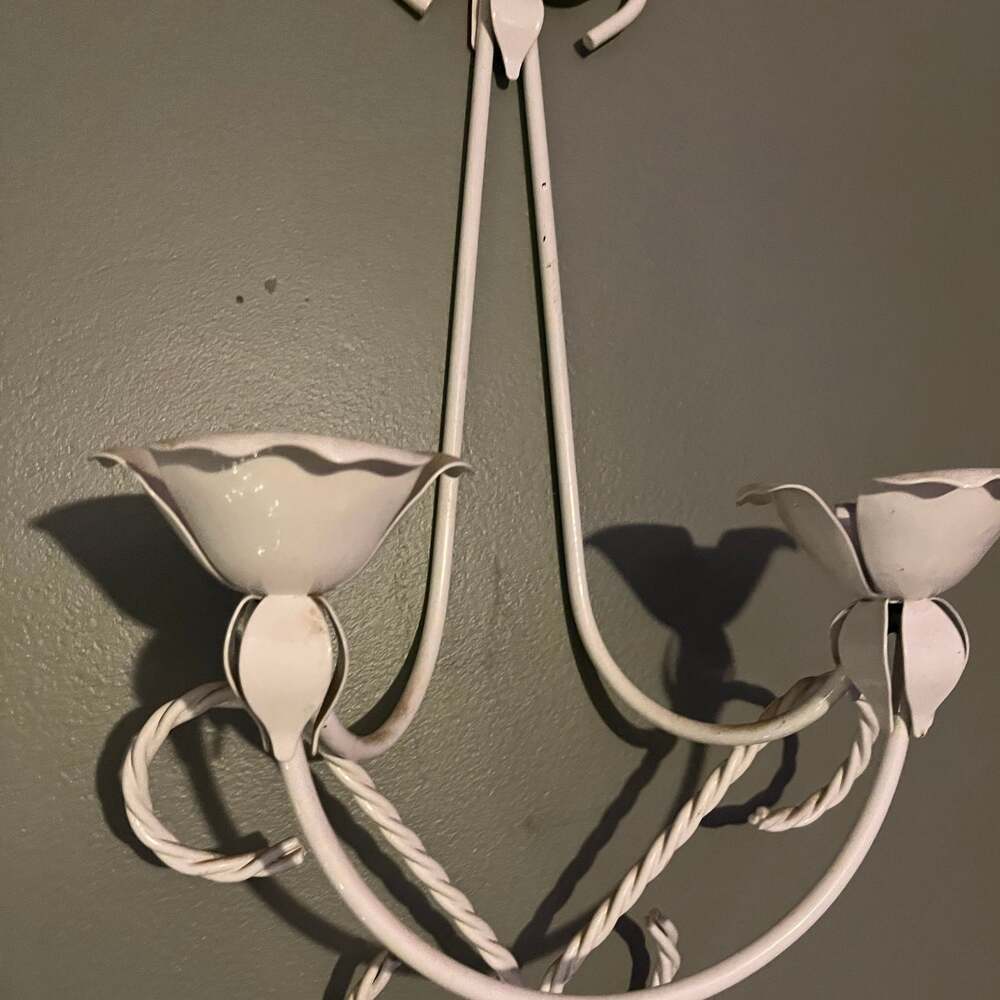 Vintage Metal Two-Arm Candle Holder Sconce, White Shabby Chic Floral Design